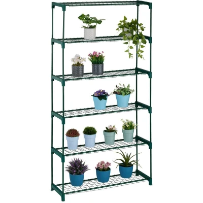 Image of Relaxdays Plant Stand, 6 Shelves, Shelf Storage Unit for Flowers &amp; Herbs, Metal Rack, HxWxD: 173 x 91 28.5 cm, Green, Steel,