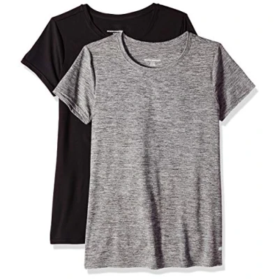 Image of Amazon Essentials Women&#039;s Tech Stretch Short Sleeved Crew Neck T Shirt (Available in Plus Size), Pack of 2, Black/Dark Grey Space Dye, M