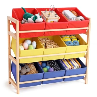 Image of BELLE VOUS 3 Tier Toy Storage Unit Multipurpose Organiser for Kids Bedroom Furniture Shelf with Removable Fabric Bins