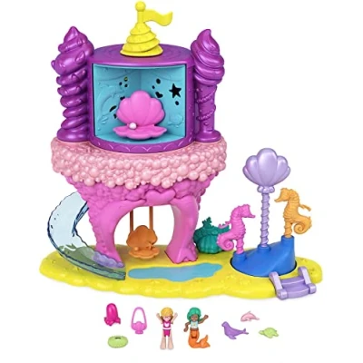 Image of Polly Pocket Rainbow Funland Mermaid Cove Ride Playset, &amp; Dolls, 15 Accessories, Dispenser Feature for Surprises