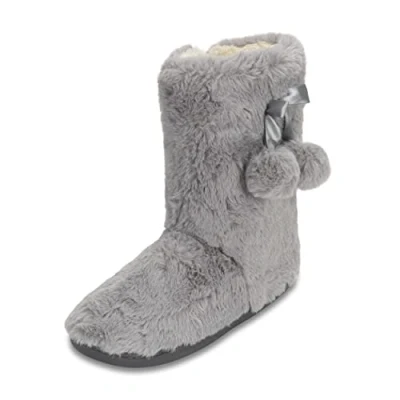 Image of Polar Womens Faux Fur Slipper Boots Memory Foam Indoor Bootie with Anti Slip Rubber Sole Soft and Fluffy House Cute Pompoms Ankle Boot Slippers Light Grey AYC0902/UK8