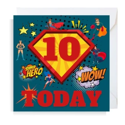 Image of Second Ave Superhero 10th Birthday Age 10 Square Children&#039;s Kids Greeting Card for Boy or Girl