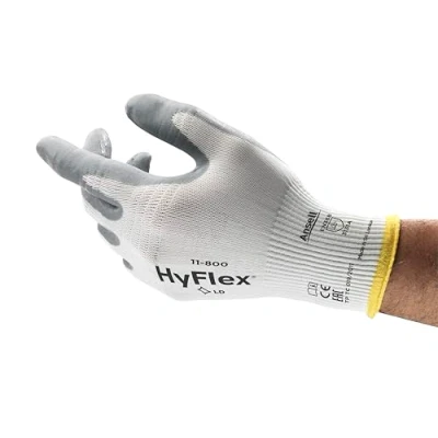 Image of Ansell HyFlex 11 800 Professional Work Gloves, Abrasion Resistant Nitrile Coating with Firm Grip, Multipurpose Protection Mechanical and Industrial Safety, White, Size XL (12 Pairs)