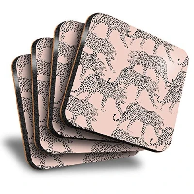 Image of Destination Vinyl ltd Great Coasters (Set of 4) Square Pink Leopard Pattern Big Cat Drink Glossy Coasters/Tabletop Protection for Any Table Type #46076