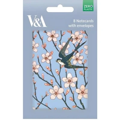 Image of Pack of 8 Notecards V&amp;A Design Almond Blossom and Swallow General Cards Suitable for Birthday Other Occasions Made in the UK Eco Friendly