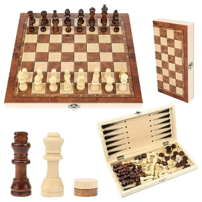 Image of Chess Set, 3 in 1 Set Wooden, Foldable Travelling Game for Kids,Portable Family Party Travel 29x29cm