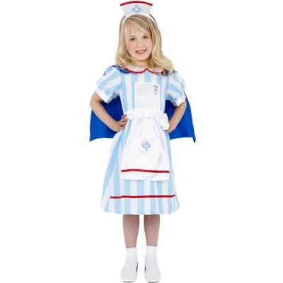Image of Smiffys Vintage Nurse Costume, Blue Dress with Cape and Hat, Girls Fancy Dress, Child Up Costumes