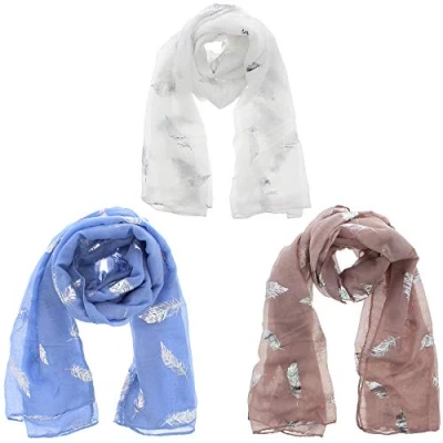 Image of Zac&#039;s Alter Ego Set of 3 Ladies Lightweight Assorted Colour Silver Foil Feathers Print Scarves
