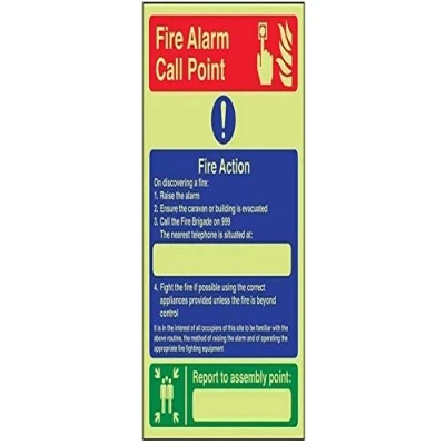 Image of V Safety Glow In The Dark Caravan Site Fire Action/Your Assembly Point Is: Sign 200mm x 300mm Self Adhesive Vinyl