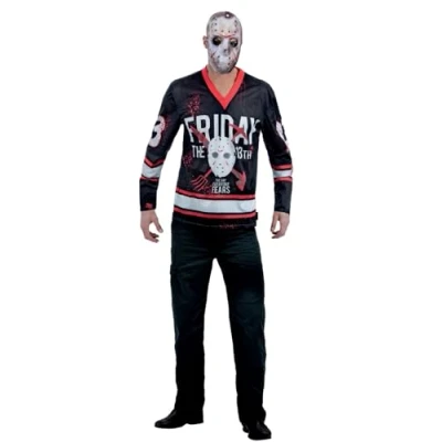 Image of Smiffys Friday the 13th Hockey Top for Adults, Jason Voorhees Printed in Black, White, and Red, Officially Licensed, Quality Material Stag Hen Nights, Halloween, Themed Events