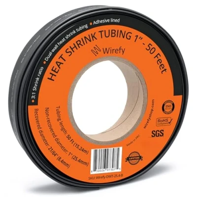 Image of Wirefy 1&quot; Heat Shrink Tubing Large Diameter 3:1 Ratio Adhesive Lined Industrial Black 50 Feet Roll