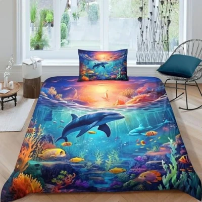 Image of NAHCBIOT Dolphin 3D Print Duvet Cover Set Bedding Sets with Hidden Zipper Closure,Microfiber Polyester Comforter Underwater World Quilt For Teen Boys Single（135x200cm）