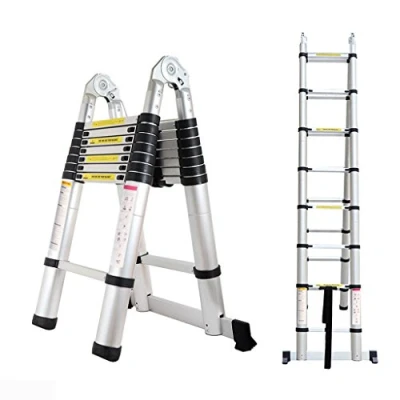 Image of 5M 16.5ft A Frame Telescopic Folding Ladder Stainless steel Extendable Extension Foldable Portable Steps Ladders Indoor Outdoor 330lbs Load Capacity (2.5+2.5m)