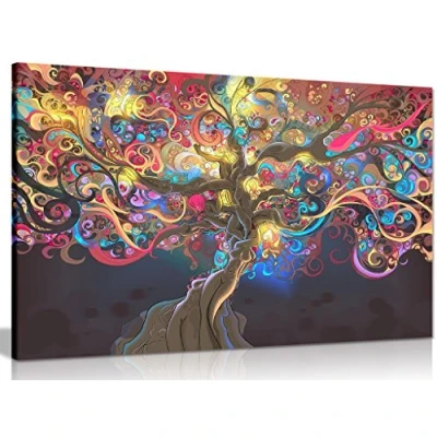 Image of Psychedelic Trippy Art Tree Canvas Wall Picture Print (36x24in)