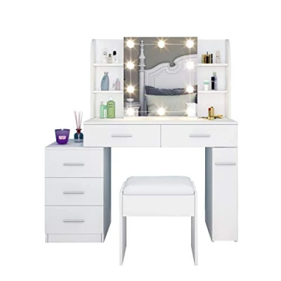 Image of Dressing Table White Set with LED Lights, Mirror, 5 Drawers Makeup Cushioned Stool Vanity for Girls Bedroom