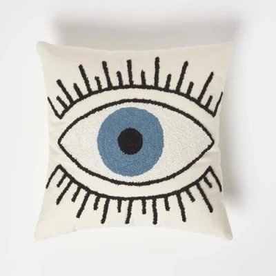 Image of HOMESCAPES Tufted Cushion Covers 45 x cm Pure Cotton Boho Throw Pillow Covers, Blue Eye See You Design Cushion, Luxury Decorative Cases for Sofa or Bedroom Insert Included