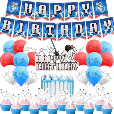 Image of Fencing Birthday Party Decorations Accessory Set with Banner Cake Topper Cupcake Toppers Balloons for Theme Sports
