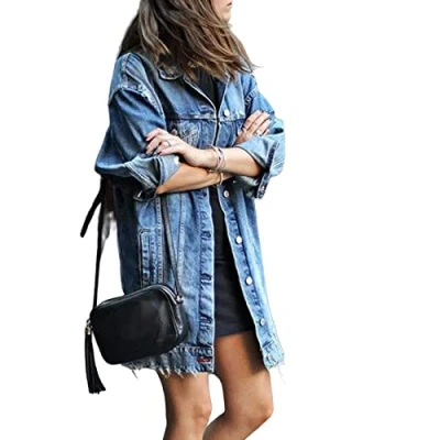 Image of Ladies Denim Jackets, Women&#039;S Jacket Fashion Blue Distressed Ripped Long Sleeve Button Up Shacket Vintage Wash Faded Coat Spring Transition Casual Loose Outwear,Xxl
