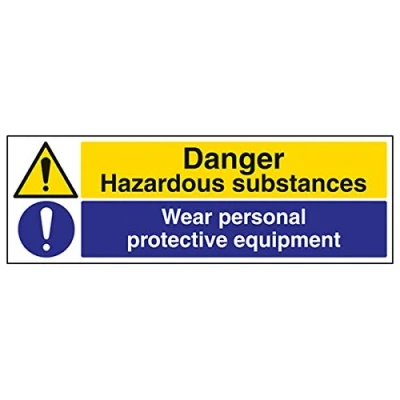 Image of V Safety 6A082AX S Danger Hazardous Substances, Wear Personal Protective Equipment Warning Sign Landscape 300mm x 100mm Self Adhesive Vinyl, Black/Blue/Yellow