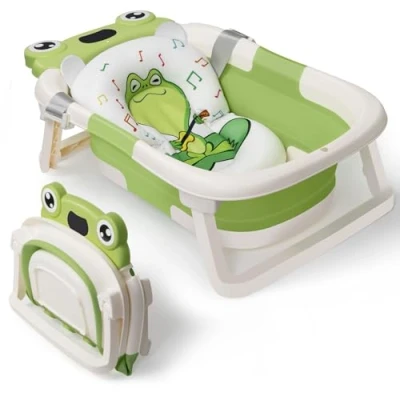 Image of DEANIC Baby Bath Tub for 0 6 12 Months Newborn, Foldable Toddler with Soft Cushion Pad, Portable Bathtub Travel Save Space (Green)