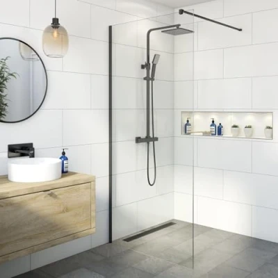 Image of BAYSTONE® 700mm Wet Room Shower Screen Panel 8mm Toughened Safety Easy Clean Glass Walk in Enclosure, Frameless, Matt Black