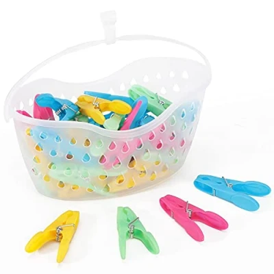 Image of Vinsani Plastic Clothes Peg Basket 36 Piece Set Multicoloured Strong Grip and Windproof Laundry Pegs Quality Non Slip Pins for Home Garden