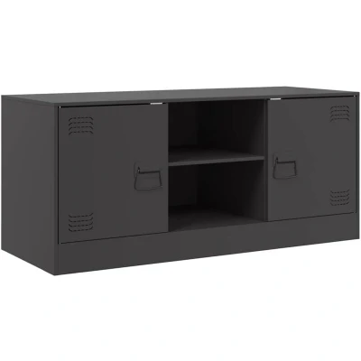 Image of vidaXL Black TV Stand Cold Rolled Steel Media Cabinet, 99x39x44 cm Modern Storage with Shelves and Metal Handles