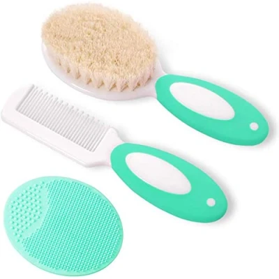 Image of Baby Hair Brush and Comb Set for Newborns &amp; Toddlers Natural Soft Goat Bristles Ideal Cradle Cap Perfect Registry Gift (Green)