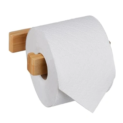 Image of Relaxdays Toilet Roll Holder, no Drilling, Bamboo, Adhesive Loo Paper Hanger, Wall Mounted, 3 x 13.5 9 cm, Natural