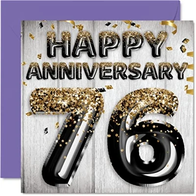 Image of Awesome 76th Anniversary Card for Husband Boyfriend Wife Girlfriend Black Gold Glitter Balloons Happy 76 Cards from Family, 145mm x Greeting Seventy Sixth Anniversaries