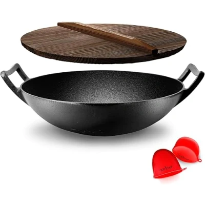 Image of Nutrichef Pre Seasoned Cast Pan 5.8 QT Heavy Duty Non Stick Iron Chinese Wok or Stir Fry Skillet w/Wooden Lid, for Electric Stove Top, Induction, Large, Black