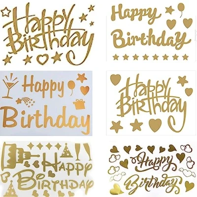 Image of Pack of 6 Happy Birthday Balloon Stickers, Self Adhesive Alphabet Stickers for DIY Balloons at Party (Golden)