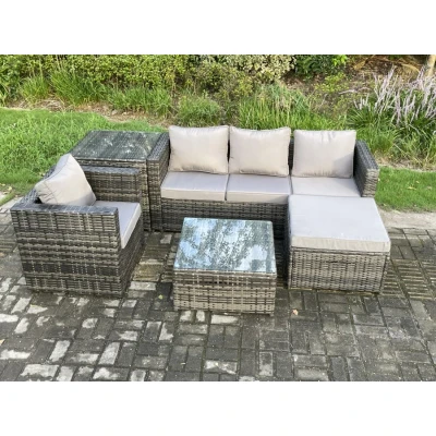 Image of Rattan Garden Furniture Set 5 Seater Patio Outdoor Lounge Sofa with Side Table Square Coffee Big Footstool Dark Grey Mixed Fimous