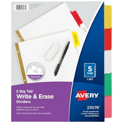 Image of AVERY Big Tab Write &amp; Erase Dividers, 5 Multicolor Tabs, 1 Set (23076), Pack