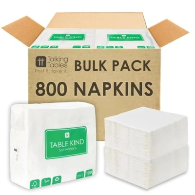 Image of Table Kind 2 ply 33cm, 800 Bulk Pack Soft White Napkins, Quality Serviettes for Parties, Catering &amp; Everyday Use, Eco Friendly Disposable Home Compostable FSC, Sustainable Recyclable, Made in EU