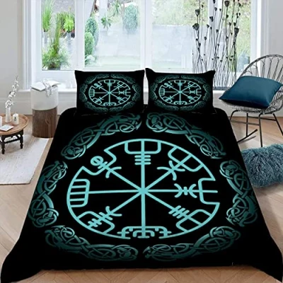 Image of Lolosale Viking Bedding set 3 pieces Duvet Cover for Kids Children Teens Adults 3D Printed Magic Navigation Compass Soft Microfiber Comforter with Zipper 1 Quilt + 2 Pillowcases, Double（155x220 cm）