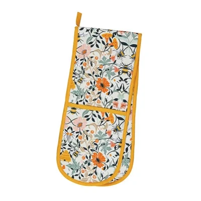 Image of Ulster Weavers Bumble Bee &amp; Floral Double Oven Gloves (88 x 18cm) 100% Cotton Heat Resistant Washable with Flowers Bees Kitchen Accessories Gifts