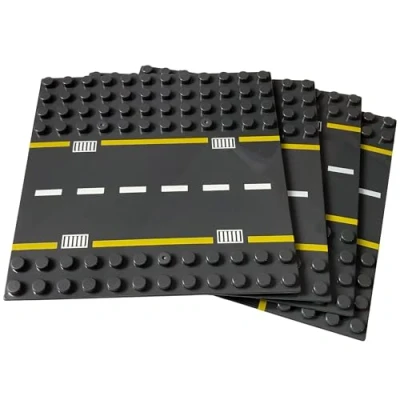 Image of APOSTROPHE Games Building Block Road Base Plates for Large Blocks 19.1 cmx cm, 4 Baseplates (2 Straight &amp; 2 Curved Roads) Compatible with Leading Brands