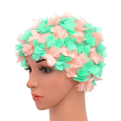 Image of Medifier Lace Vintage Swim cap Floral Petal Retro Style Bathing Caps for Women Pink and Green