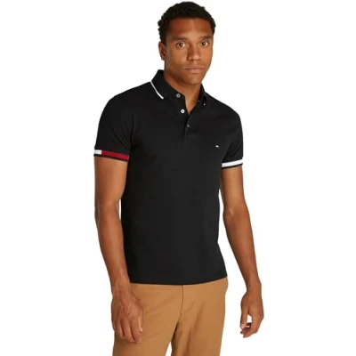 Image of Tommy Hilfiger Men’s Short Sleeve Flag Cuff Slim Fit Polo Shirt, Black (Black), M