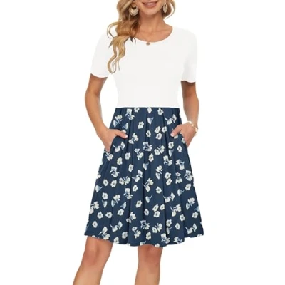 Image of AUSELILY Womens Summer Dress Casual Bodycon Short Sleeve Pleated Loose Swing with Pockets Knee Length Floral Navy White M