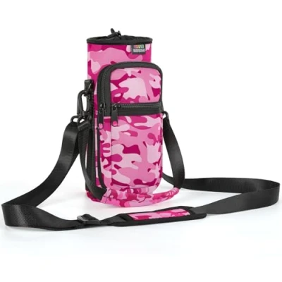 Image of Nuovoware Water Bottle Carrier Bag, 25oz/32oz Pouch Holder, Adjustable Shoulder Hand Strap 2 Pocket Sling Neoprene Sleeve Sports Accessories for Men/Women Hiking Travelling, Camouflage Pink