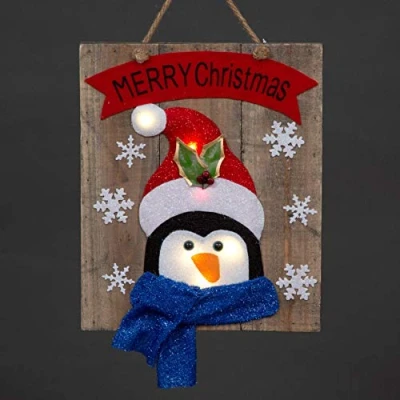 Image of SHATCHI LED Light Up Wooden Penguin Snowflakes Wall Hanging Battery Operated 30x36cm Merry Christmas Decoration, Wood,