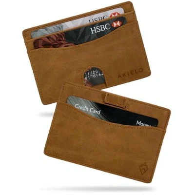 Image of AKIELO Minimalist RFID Blocking Card Holder and Gift Box Mens Credit Wallet Compact Slim (Echo Tan Edition)