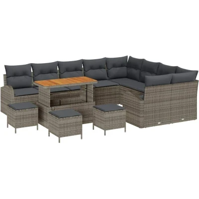 Image of vidaXL 13 Piece Garden Sofa Set with Cushions Grey Poly Rattan Acacia