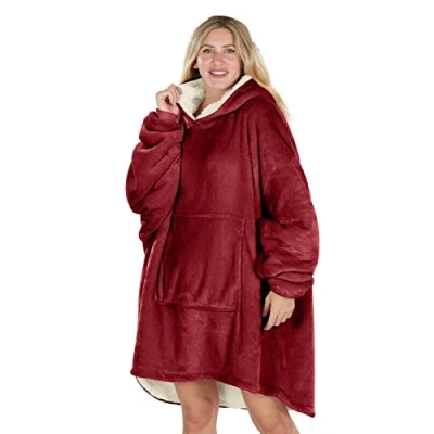 Image of Oversized Hoodie Blanket Women Ultra Plush Fleece with Soft Sherpa Reversible Warm Cosy Comfy Wearable Hooded Giant Sweatshirt Throw for Girls Adults Men Boys Kids Big Pocket (Burgundy Red)