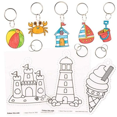 Image of Baker Ross FE282 Seaside Super Shrink Keyrings Pack of 8, for Crafts to Colour In, Make and Display, Your Own Kids, Art