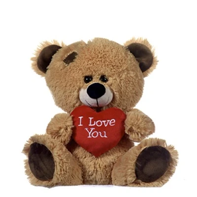 Image of Brown Patchwork Teddy Bear holding Red Heart with &quot;I Love You&quot; written on it (Golden Brown, 17&quot;)