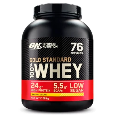 Image of Optimum Nutrition Gold Standard Whey Muscle Building and Recovery Protein Powder With Naturally Occurring Glutamine Amino Acids, Banana Cream, 76 Servings, 2.28kg, Packaging May Vary