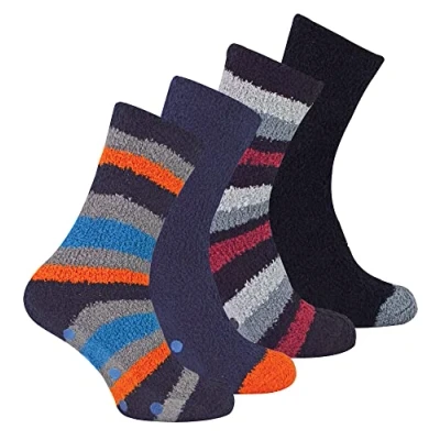 Image of 4 Pair Multipack Mens Bed Socks Sock Snob Thermal Anti Slip Indoor Fuzzy Cosy Fluffy Slipper (6 11, Black/Orange Stripe)